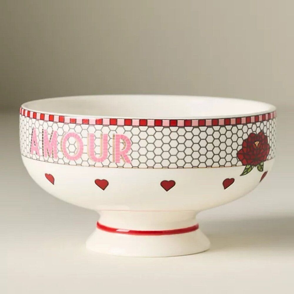 Anthropologie Bistro Tile Nut Bowl Valentine’s Amour Rose Heart Stoneware Mosaic